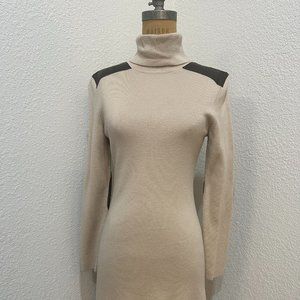 Kate Spade Vintage Beige Wool Turtleneck Dress with Leather Elbow Patches SZ M